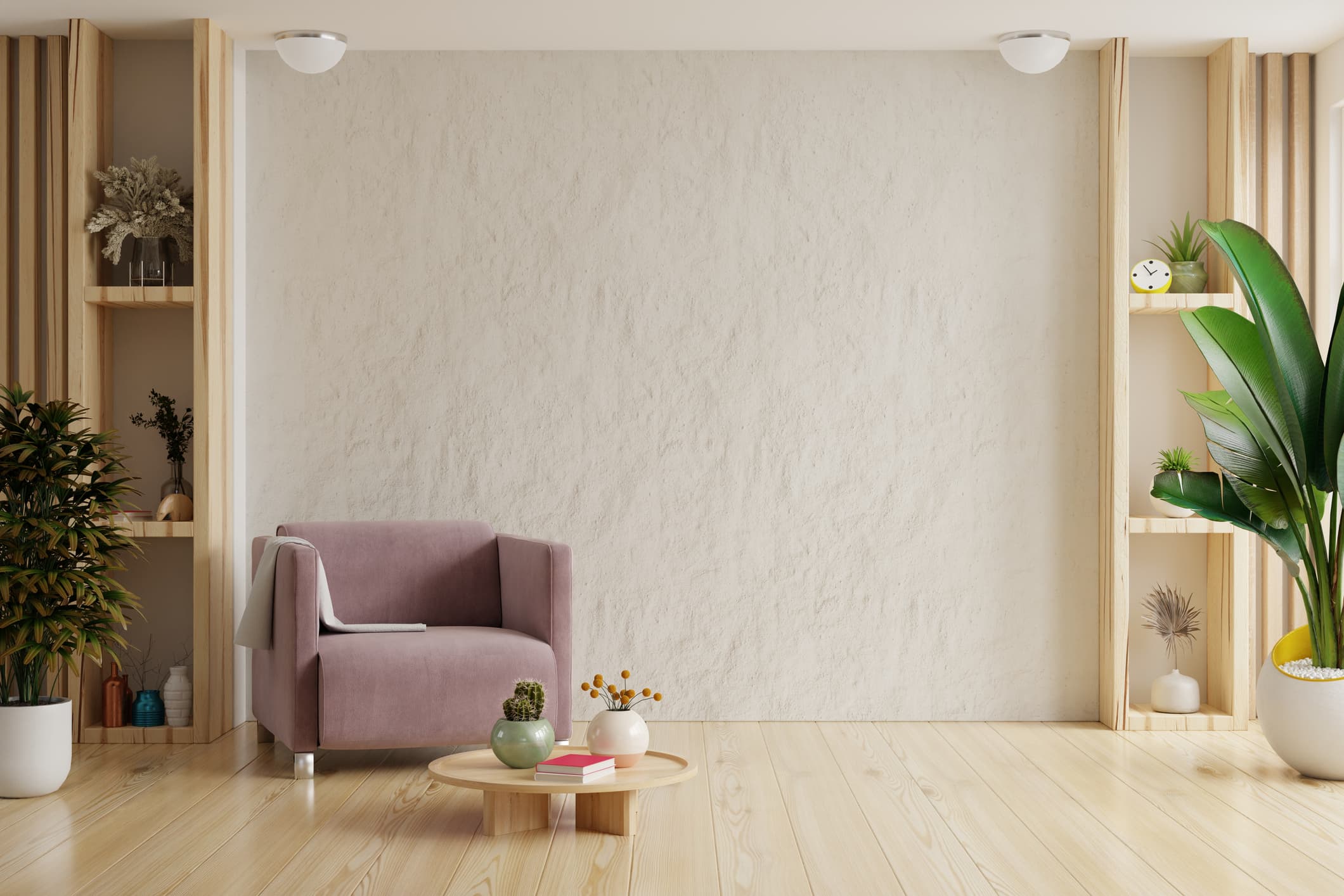 A warm therapy room with a mauve armchair, plants, and wooden shelving